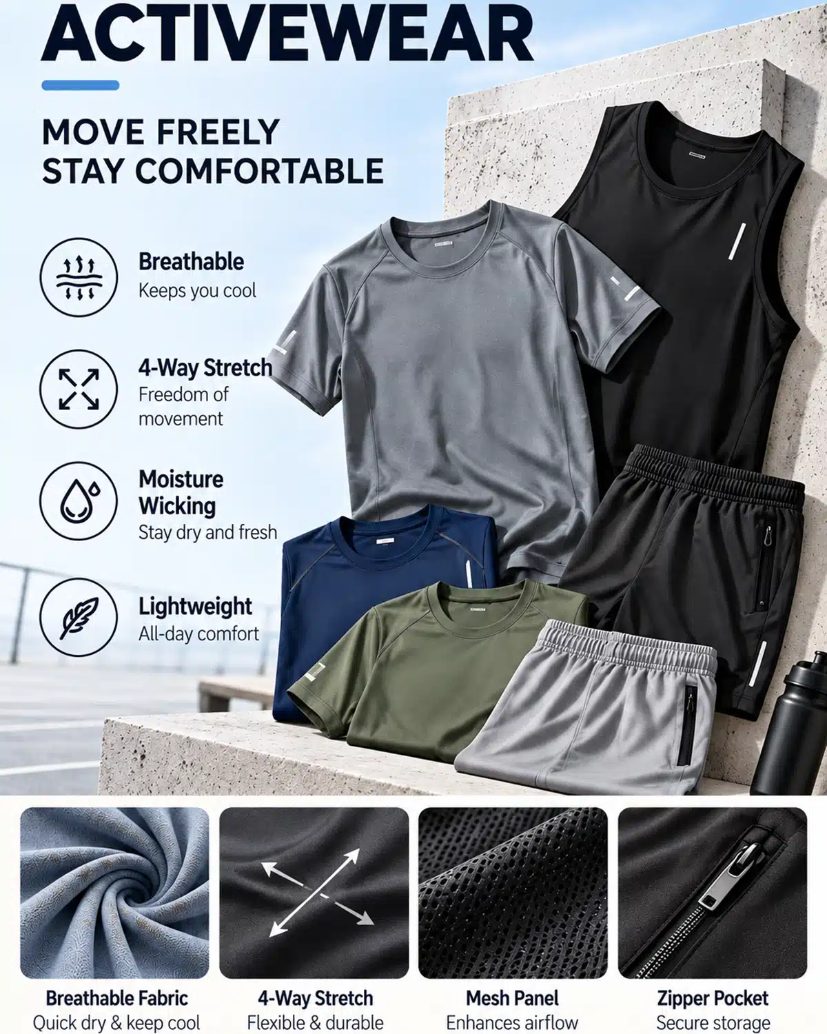 Performance activewear collection with breathable tops, shorts and stretch fabric details