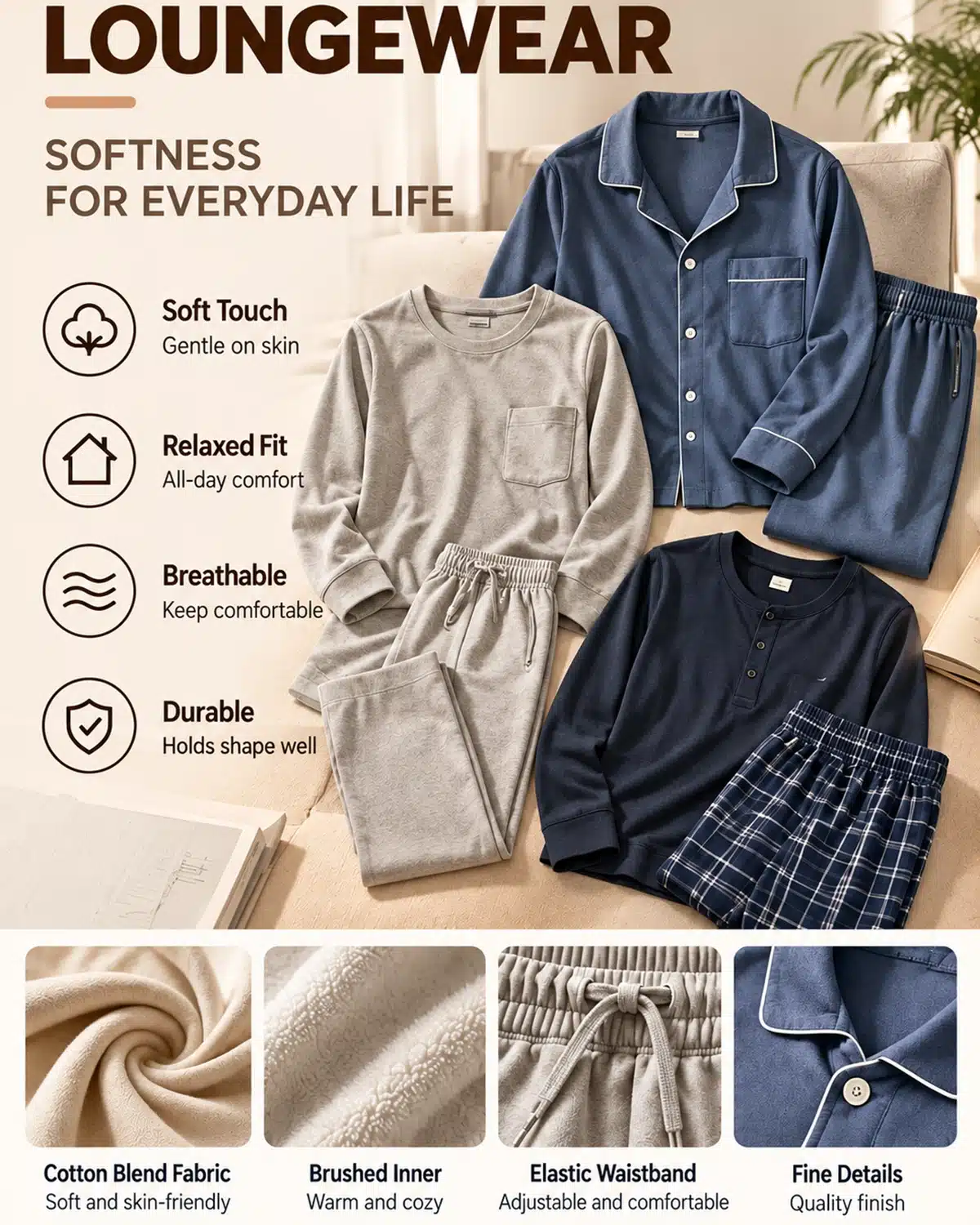Coordinated loungewear sets with soft fabrics, relaxed fits and comfortable everyday styling