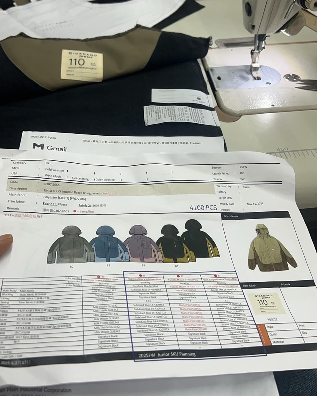 Garment tech pack, labels and sewing equipment used for apparel product development and production preparation